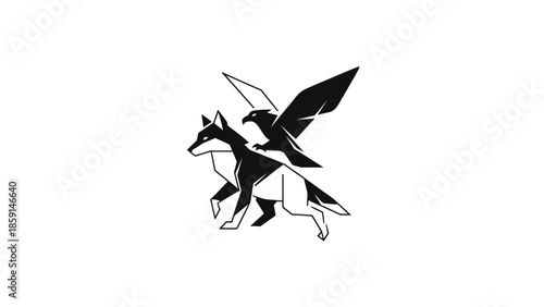 A striking illustration of a fox and eagle hybrid creature in flight, a symbol of power.