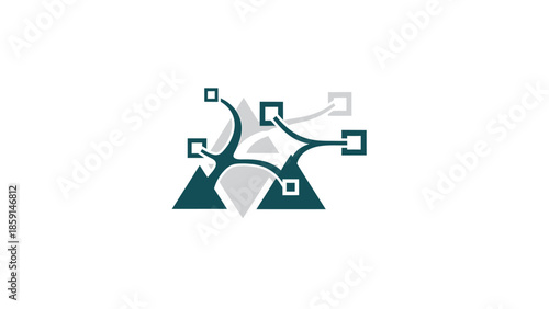 Abstract digital design featuring interconnected geometric shapes and mountain silhouettes.