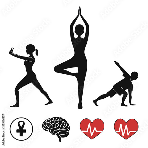 Silhouettes of people performing various exercises