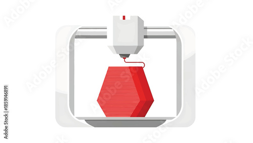 A 3D printer creating a red, geometric shape. The printer is white with red accent, a sleek graphic in a rounded frame
