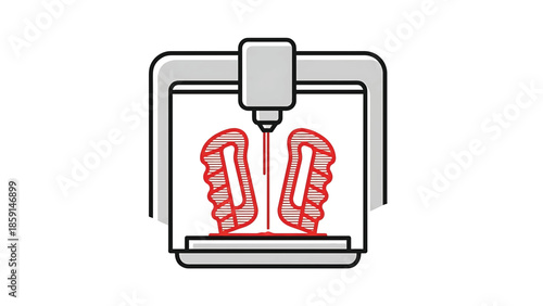 A 3D printer, illustrated, extrudes a red, complex form onto a platform. The machine is in operation