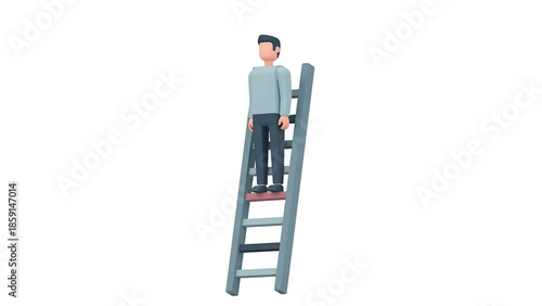 A 3D rendered image of a person standing on a ladder. The person is facing forward on the rungs. The background is completely white