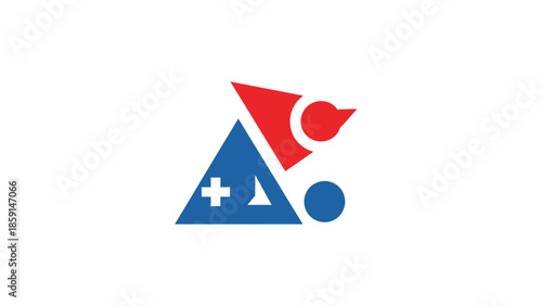 Abstract geometric logo design featuring a blue triangle and red shapes with a plus sign.