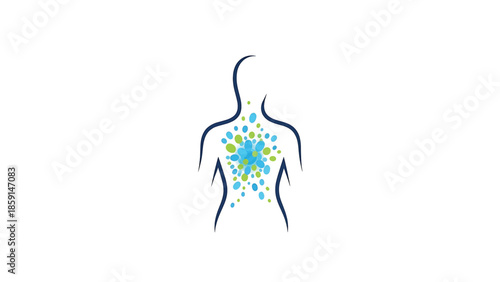 A back-view silhouette of a person is shown with blue and green dots clustered in the center. Abstract illustration of a body