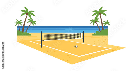 A beach scene shows a sand volleyball court near the ocean, with palm trees. A volleyball sits on the court in the sunshine