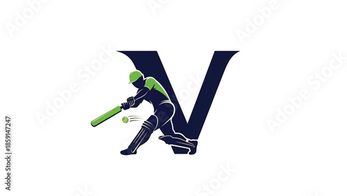 A batsman silhouette swings at a ball, with a 'V' shape behind. The figure wears protective gear, and the ball appears in motion. The color scheme is a mix of green and navy