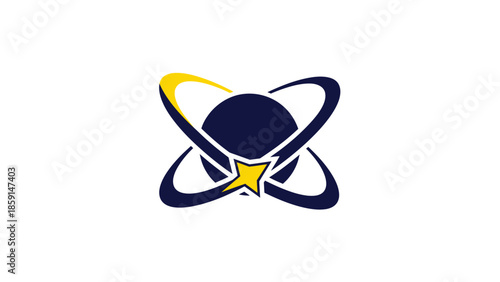 Abstract illustration of a stylized atom with orbiting rings and a star.