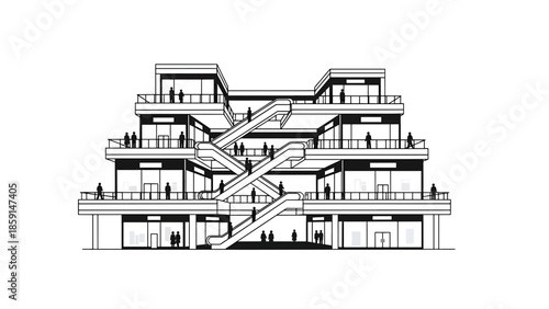 A black and white architectural illustration of a tiered commercial building, showcasing escalators and figures on balconies