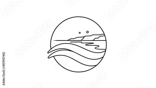 A black and white circular design depicts a coastal scene with waves, land, sea, a star, and a moon. It's serene and minimalist