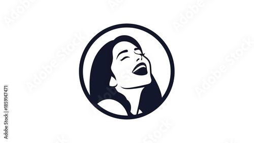 A black and white circular design of a woman with long hair, eyes closed, face tilted upward, and mouth wide open