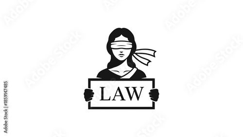 A black and white depiction of a blindfolded female figure holding a sign with the word "LAW". Her hair flows and she wears a drape