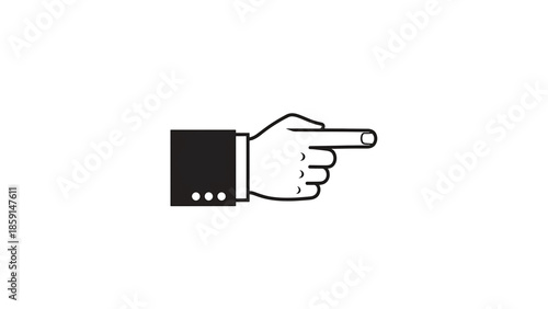 A black and white graphic depicting a hand with the index finger pointing to the right, wearing a black business suit. The background is white