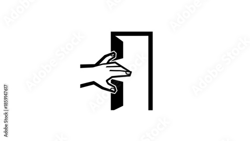 A black and white graphic depicting a hand reaching towards a partially open door, symbolizing an entrance or opportunity. The image is minimalist and clean