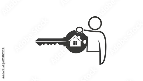 A black and white graphic depicting a key that has a house within the key's circular portion. A stick figure holds the key