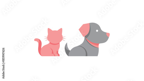 Adorable pink cat and gray dog side by side, cute pets together, friendship concept.