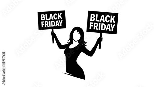 A black and white graphic depicting a woman silhouette holding up two signs with text. The woman is stylized. The background is white