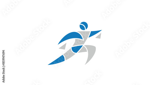 Abstract running figure in blue and gray, representing movement and energy.