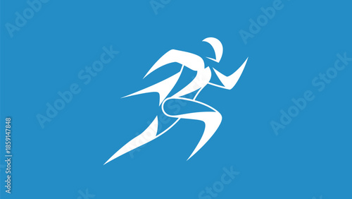 Dynamic white figure of a runner sprinting on a blue background, representing speed and motion.