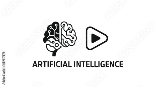 Artificial Intelligence Brain Icon with Play Button Symbol for Technology.