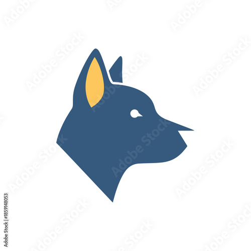Blue dog head profile with yellow ear details, simple and clean design.