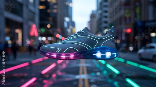 High-Tech Glowing Sneaker with Pink & Blue Neon Lights in an Urban City Street