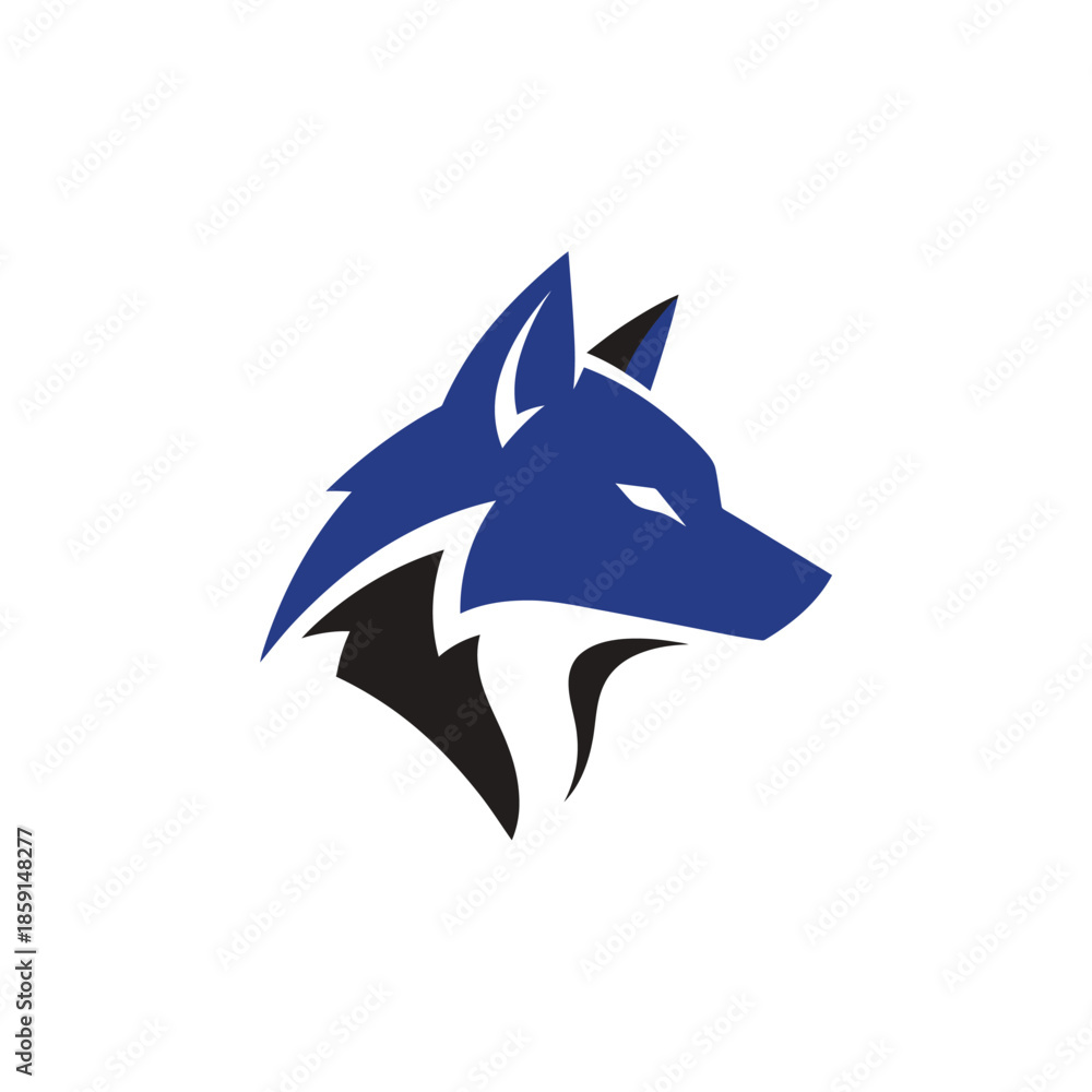 Fototapeta premium Blue wolf head logo design with sharp geometric shapes and modern style.