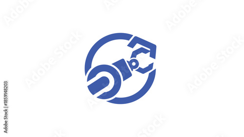 Blue robotic arm logo inside a circle, representing technology and industry.