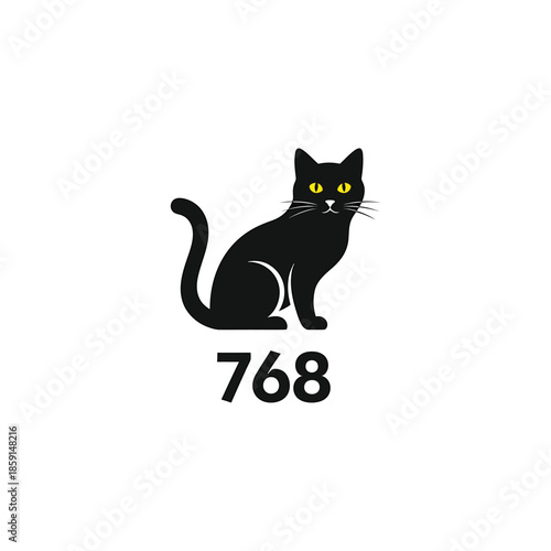 Black cat with yellow eyes sitting with the number 768 below it.