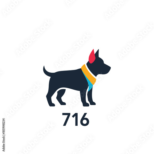 Black dog with colorful collar and number 716 below, simple illustration.