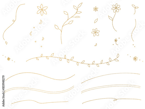 シンプルな花と葉：金色の線画イラストセット