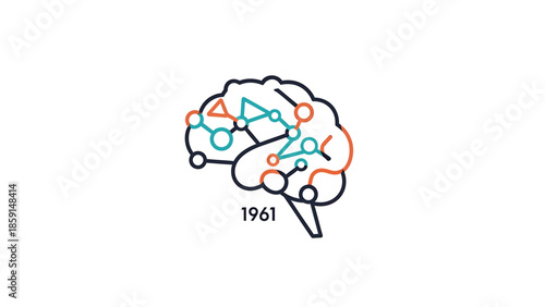 Brain illustration with interconnected nodes and the year 1961, representing cognitive processes.