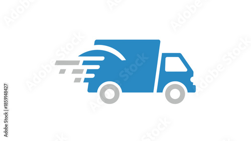 Blue delivery truck icon with speed lines, representing fast shipping and logistics.