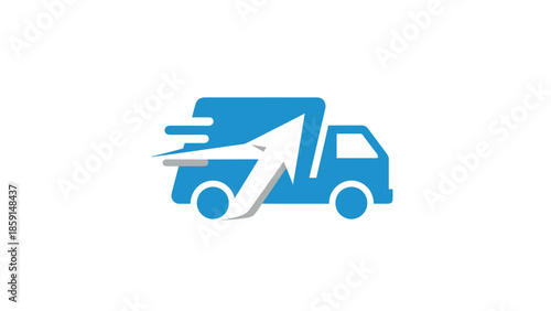 Blue delivery truck logo with arrow representing fast shipping and transport.