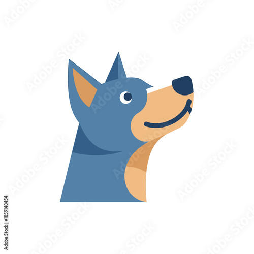 Blue dog head illustration with a happy expression looking upwards, simple design.