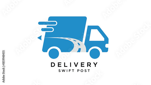 Blue delivery truck logo with road and speed lines, swift post concept.