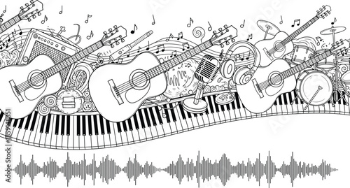 Hand drawn music instruments vector illustration, acoustic guitars, piano keyboard, microphone, drums, sound waveform, black and white creative line art composition