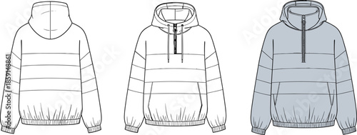 Hooded pullover sweatshirt technical fashion flats, front back color views casual apparel design cad drawing flat vector illustration