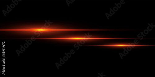 Gold horizontal lensflare. Light flash with rays or gold spotlight and bokeh. Yellow glow flare light effect. Vector illustration