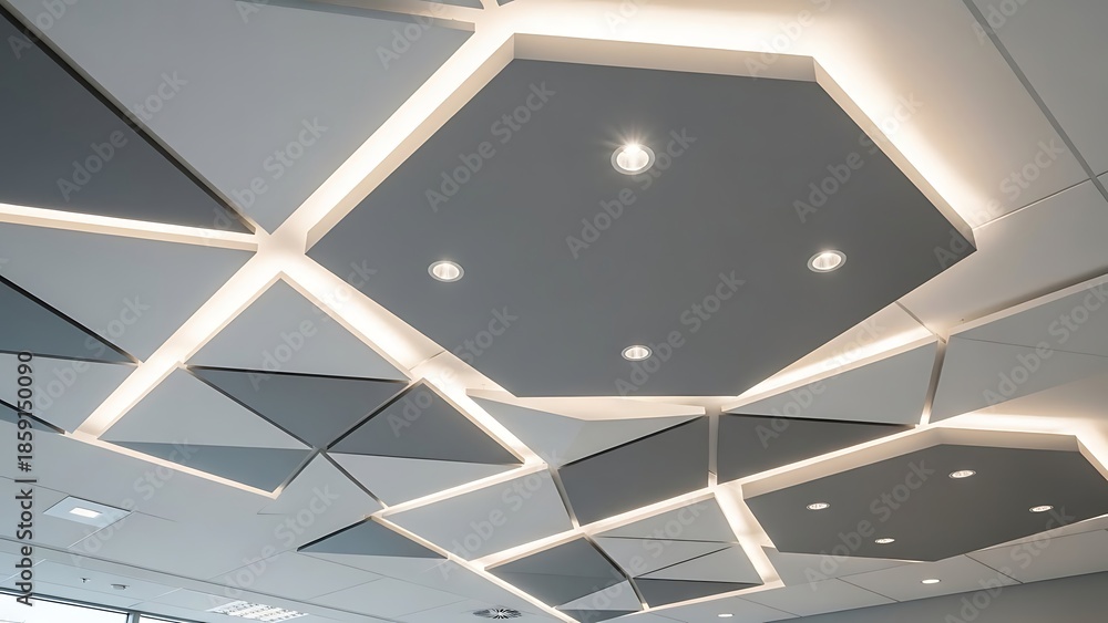 Fototapeta premium Futuristic geometric ceiling design with integrated led lighting and hexagonal panels