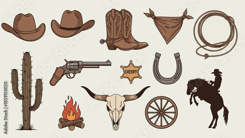 Wild West Cowboy Collection Icons and Symbols.