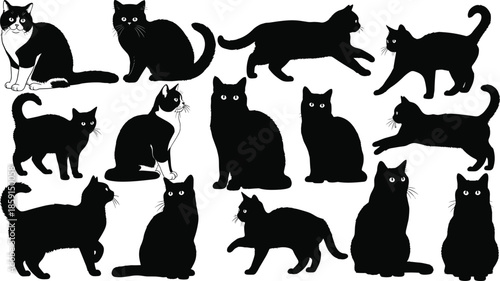 Large collection of black cat silhouettes and sitting people silhouettes, vector illustration set featuring domestic felines and human figures in various active poses. (Exactly 24 words)