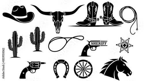 Wild West Cowboy Western Theme Icon Set Collection.