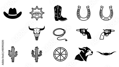 Wild West Cowboy Icons Collection Featuring Western Symbols.