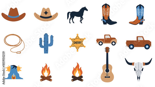 Western Cowboy Elements Collection with Horse and Guitar.