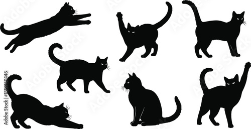 Large collection of black cat silhouettes and sitting people silhouettes, vector illustration set featuring domestic felines and human figures in various active poses. (Exactly 24 words)