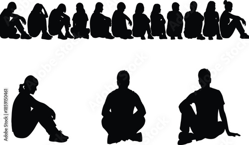 Large collection of black cat silhouettes and sitting people silhouettes, vector illustration set featuring domestic felines and human figures in various active poses. (24 words)