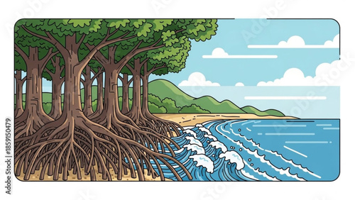 Mangrove forest with exposed roots on a sandy beach ocean waves and distant hills illustration for nature and travel concepts