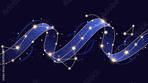 Wavy blue ribbon with constellations and glowing stars abstract cosmic background for fantasy and celebration designs dark night sk