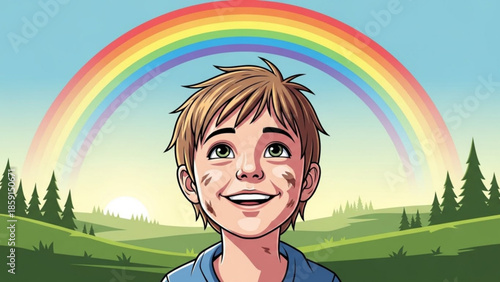 Happy boy looking up at a vibrant rainbow over a green landscape symbolizing hope and dreams illustration
