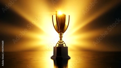 Golden trophy illuminated against a glowing backdrop